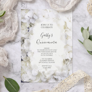 White Hydrangea Watercolor Quinceanera Party Invitation