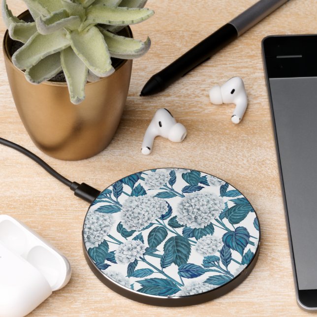 White hydrangea watercolor wireless charger  (Desk 2)