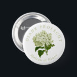 White Hydrangea Wedding Party Matron of Honor Button<br><div class="desc">Help your wedding party get to know each other with these beautifully simple and fun wearable buttons featuring easy to customize, elegant, arched name text the title role they'll play on your wedding day. Chic sage green text encircles an antique illustration of a white hydrangea flower in pretty, grandmillennial, garden...</div>