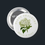 White Hydrangea Wedding Party Matron of Honor Button<br><div class="desc">Help your wedding party get to know each other with these beautifully simple and fun wearable buttons featuring easy to customize, elegant, arched name text the title role they'll play on your wedding day. Chic sage green text encircles an antique illustration of a white hydrangea flower in pretty, grandmillennial, garden...</div>