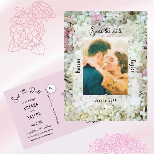 White Hydrangea Wedding Photo Save Date Postcard