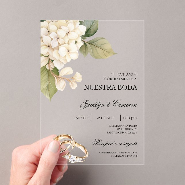 White Hydrangea with ring Spanish Wedding Acrylic Invitations (Insitu (Handheld))