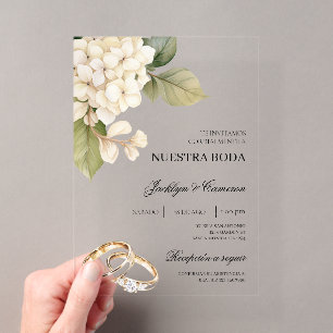White Hydrangea with ring Spanish Wedding Acrylic Invitations