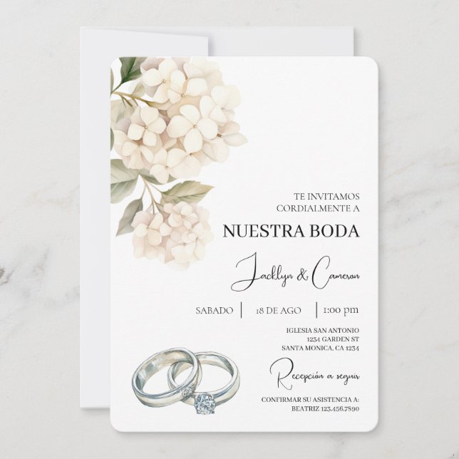 White Hydrangea with ring Spanish Wedding Invitation (Front)