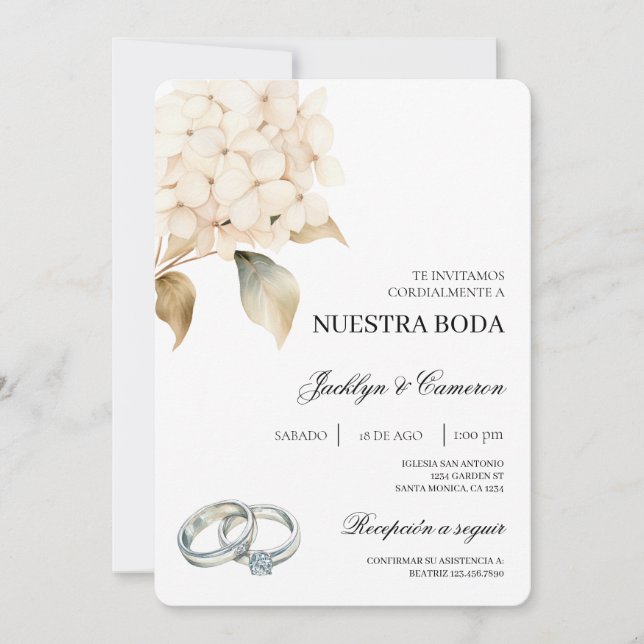 White Hydrangea with ring Spanish Wedding Invitation (Front)