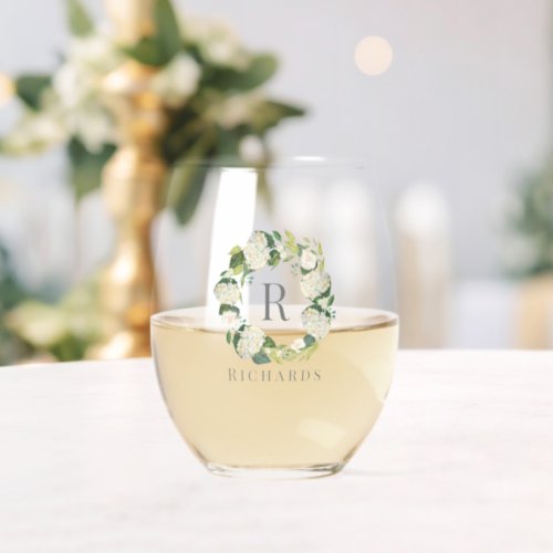 White Hydrangea Wreath Monogram Name Stemless Wine Glass