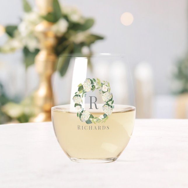 White Hydrangea Wreath Monogram Name Stemless Wine Glass (Insitu (Wedding))