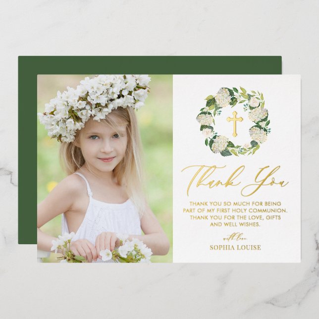 White Hydrangea Wreath Photo First Holy Communion Foil Holiday Card (Front/Back)
