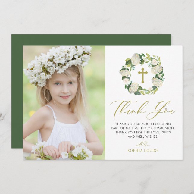 White Hydrangea Wreath Photo First Holy Communion Thank You Card (Front/Back)