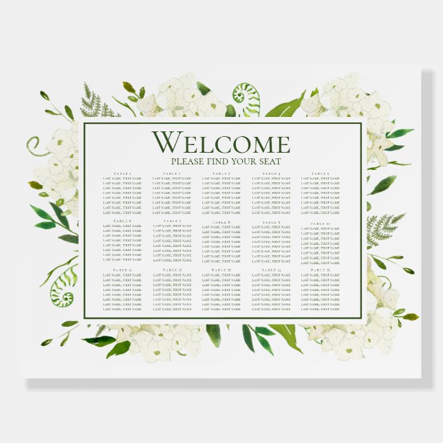 White Hydrangeas 15 Table Seating Chart Foam Board (Front)