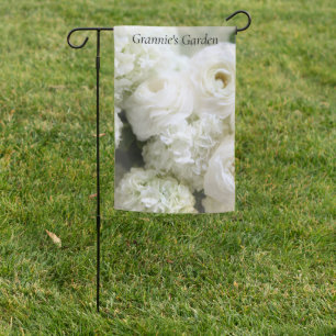 White hydrangeas and ranunculus garden flag