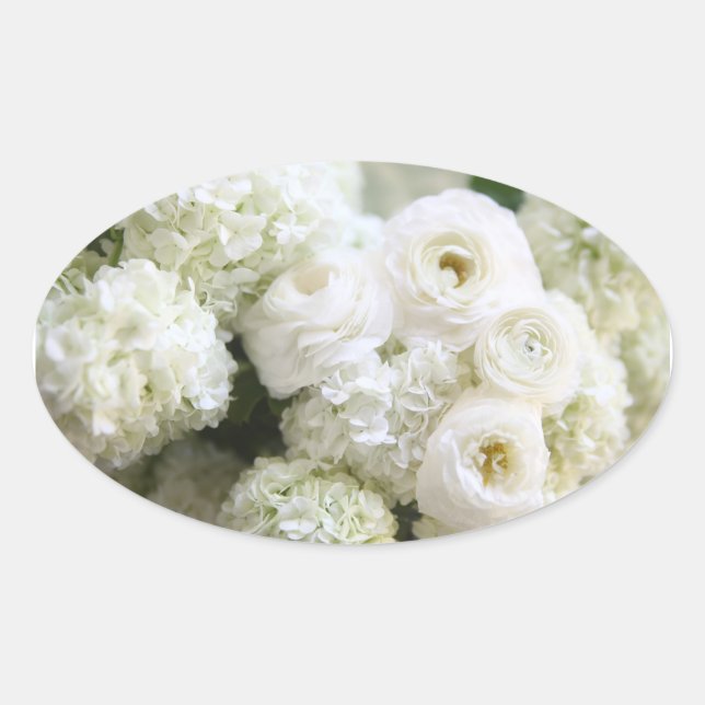 white hydrangeas and ranunculus oval stickers (Front)