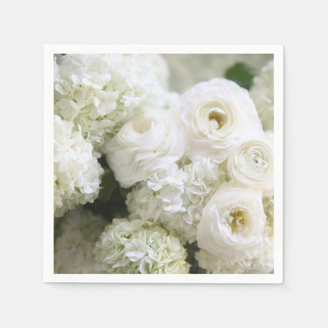 White hydrangeas and ranunculus paper napkins (Front)