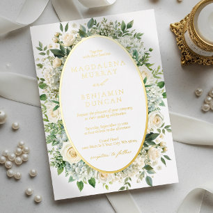 White Hydrangeas and Roses Floral Frame Wedding Foil Invitation