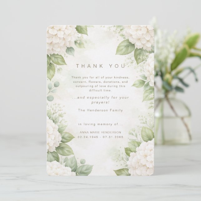 White Hydrangeas Bereavement Funeral Thank You Card (Standing Front)