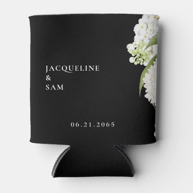 White Hydrangeas Black Wedding Favor II Can Cooler (Front)