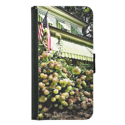 White Hydrangeas By Green Striped Awning Wallet Phone Case For Samsung Galaxy S5