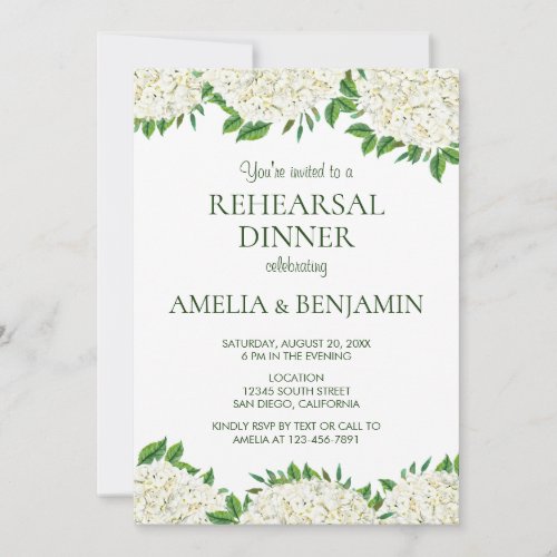 White Hydrangeas Elegant Wedding Rehearsal Dinner Invitation