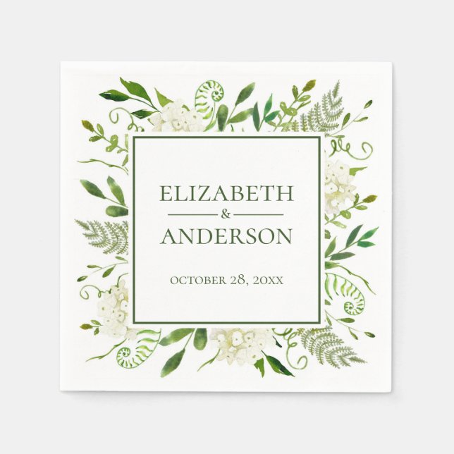 White Hydrangeas Floral Watercolor Wedding Napkins (Front)