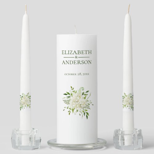 White Hydrangeas Floral Watercolor Wedding Unity Candle Set