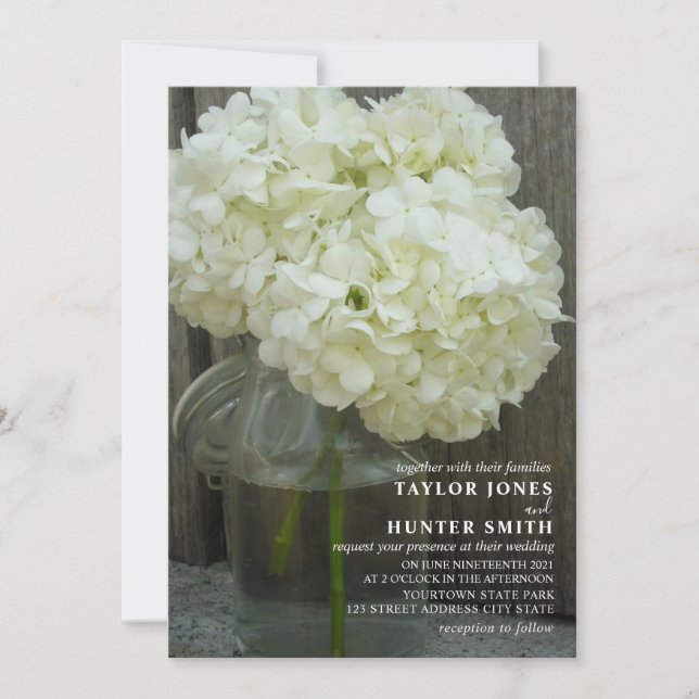 White Hydrangeas Mason Jar Wedding Invitation (Front)