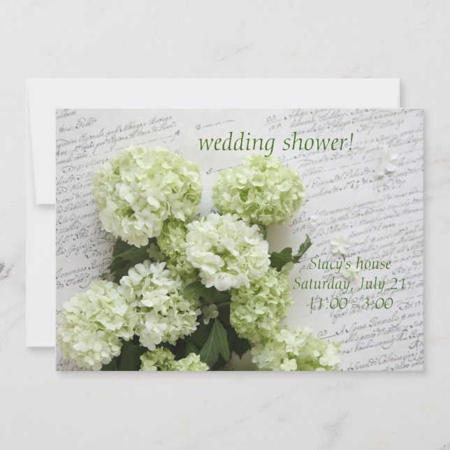 white hydrangeas on script wedding shower invite (Front)