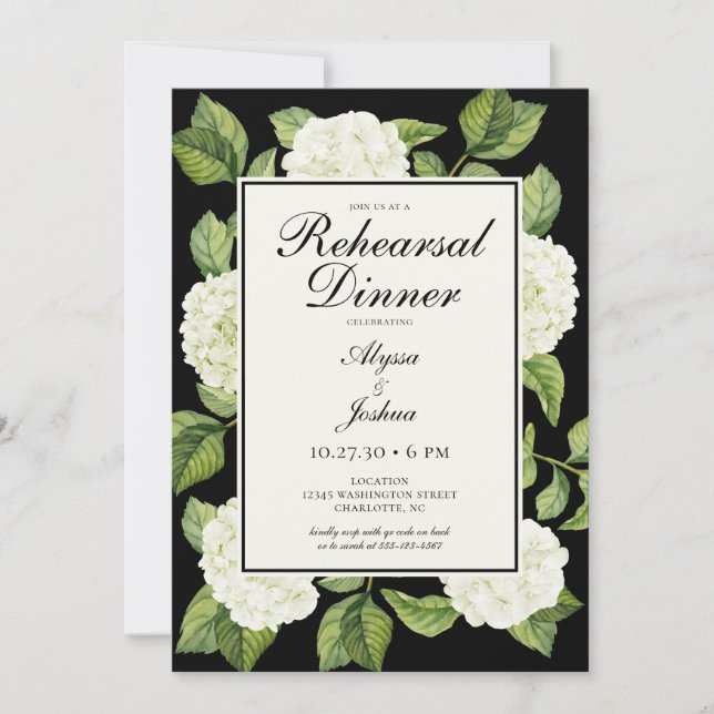 White Hydrangeas Rehearsal Dinner Invitation (Front)