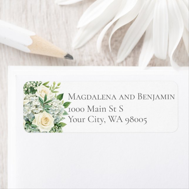 White Hydrangeas Roses Flowers Greenery Wedding Label (Insitu)