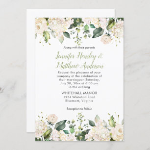 White Hydrangeas Roses Greenery Wedding Invitation
