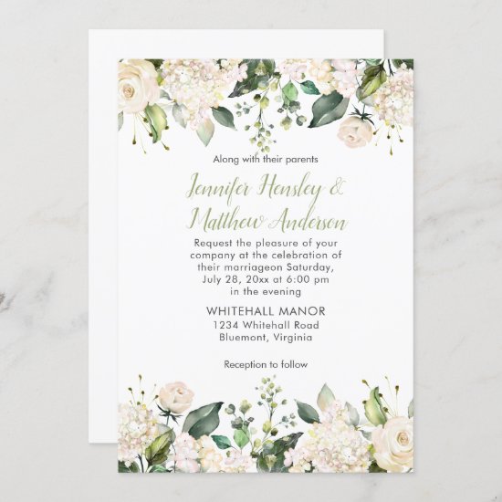 White Hydrangeas Roses Greenery Wedding Invitation