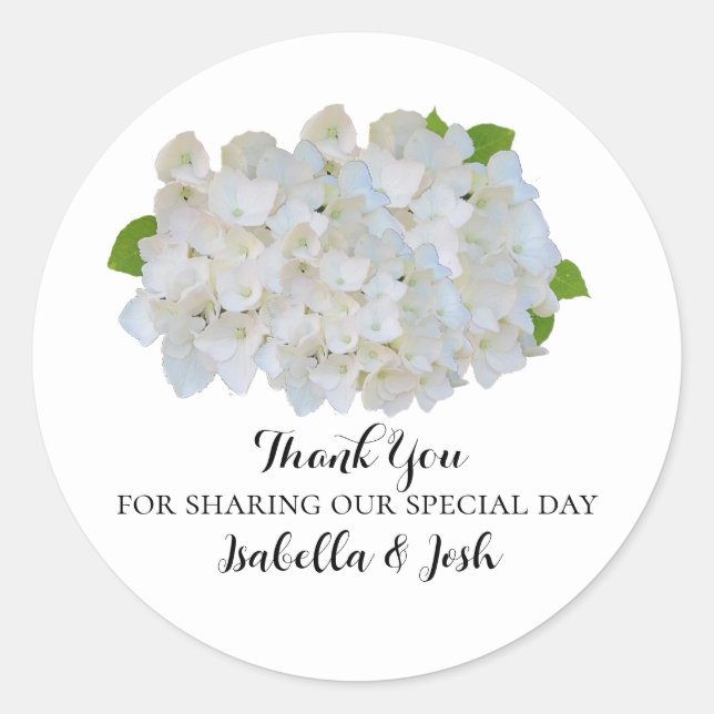 White Hydrangeas Thank You Wedding Sticker (Front)