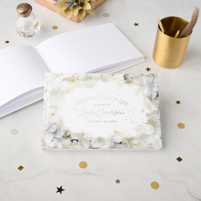 White Hydrangeas Watercolor Celebration of Life Foil Guest Book (Front Open)
