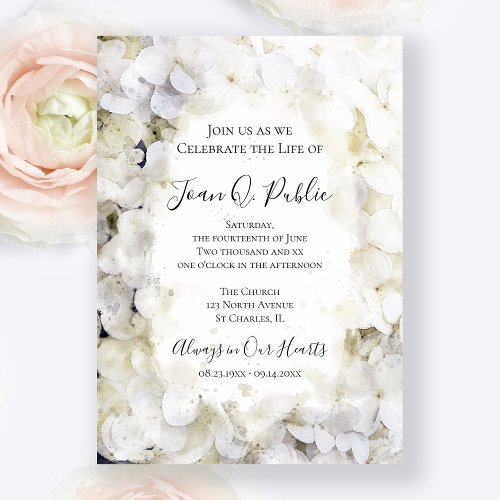 White Hydrangeas Watercolor Celebration of Life Invitation