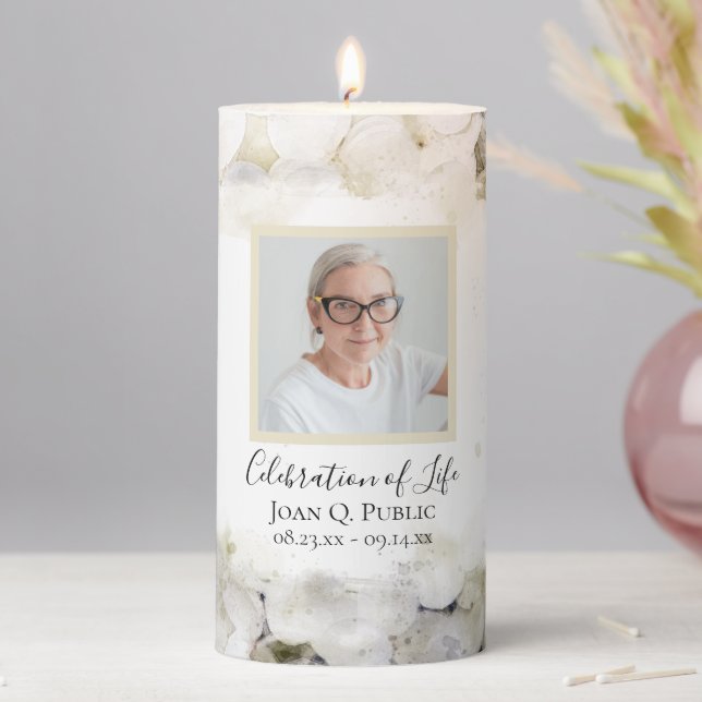 White Hydrangeas Watercolor Celebration of Life Pillar Candle (In Situ)