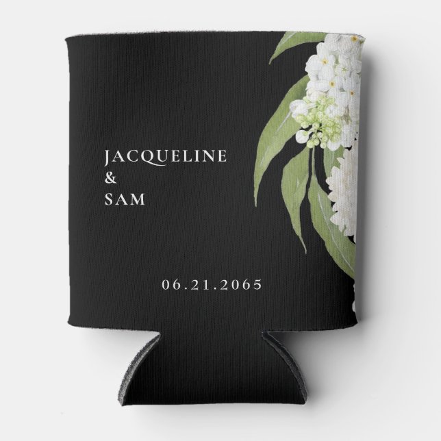 White Hydrangeas Wedding Favor Black Can Cooler (Front)