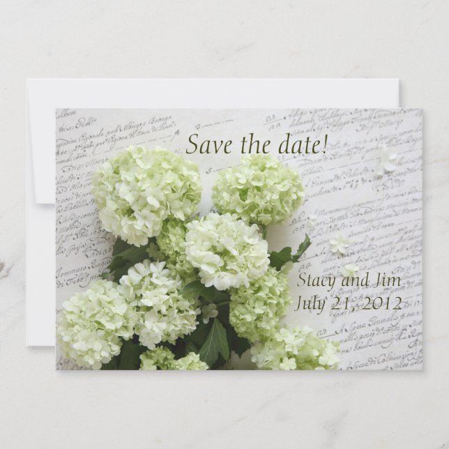 white hydrangeas with script save the date (Front)