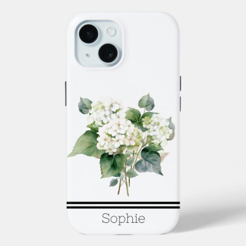 White Hydrangia Watercolor Custom iPhone 15 Case