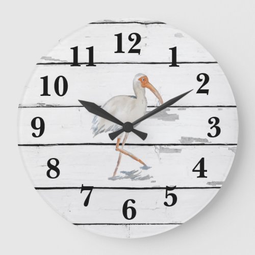 White Ibis Florida Bird Beach Shiplap Large Clock