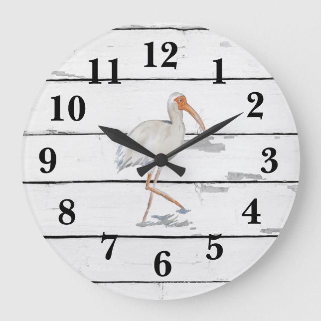 White Ibis Florida Bird Beach Shiplap Large Clock (Front)