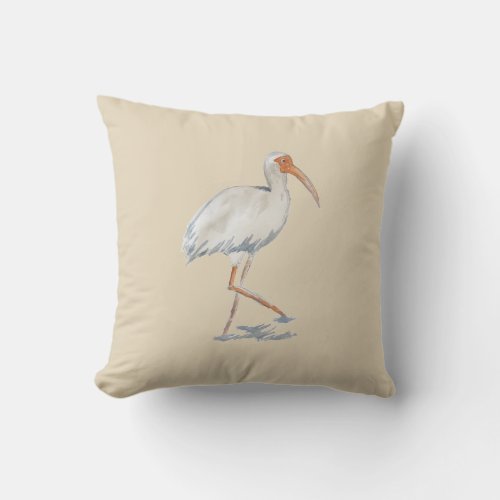 White Ibis Tropical Painting Neutral Pillow