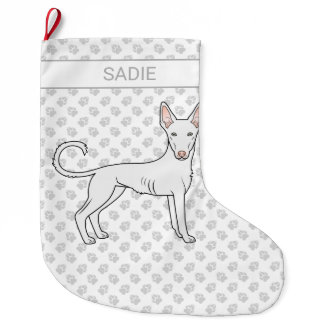 White Ibizan Hound Smooth Coat Cartoon Dog &amp; Name Large Christmas Stocking
