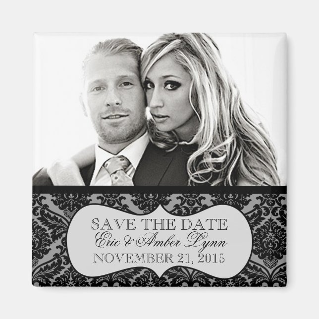 White Ice Lavish Damask Save the Date Magnet (Front)