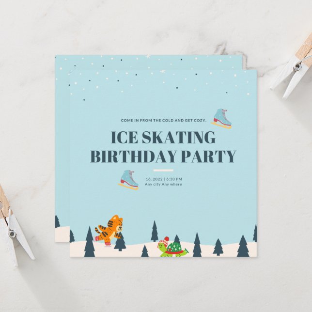 White Ice Skating Birthday Party Snow Invitation (Front/Back In Situ)