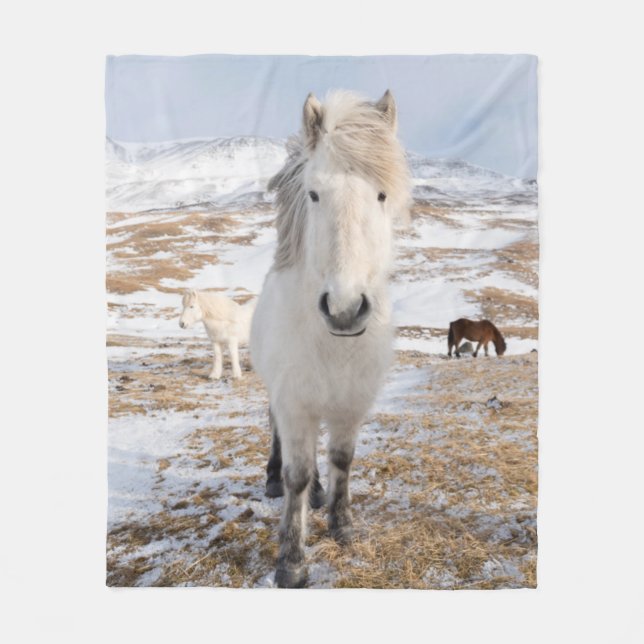 White Icelandic Horse, Iceland Fleece Blanket (Front)