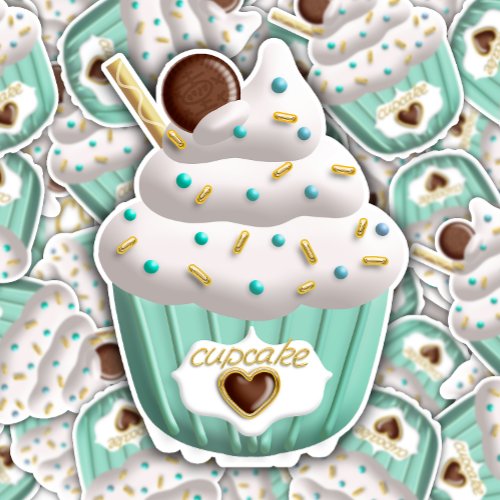 White Icing Blue Gold Sprinkles  Cupcake Sticker