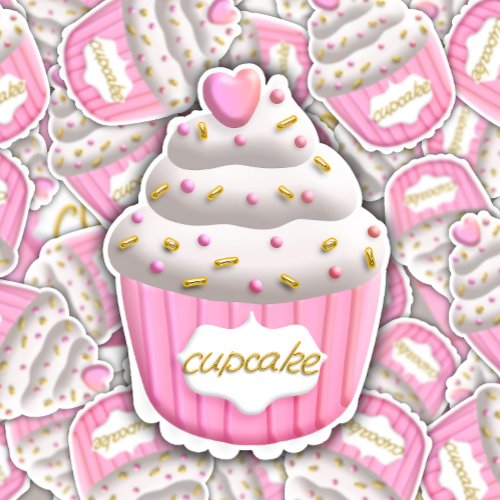 White Icing Pink Gold Sprinkles  Cupcake Sticker
