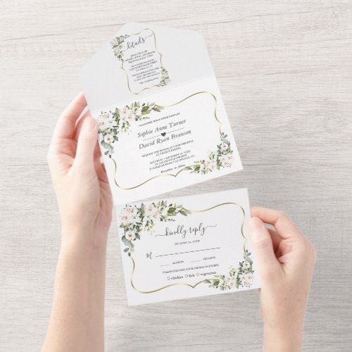 White Imperial Lilies Gold Gold Frame Wedding  All In One Invitation