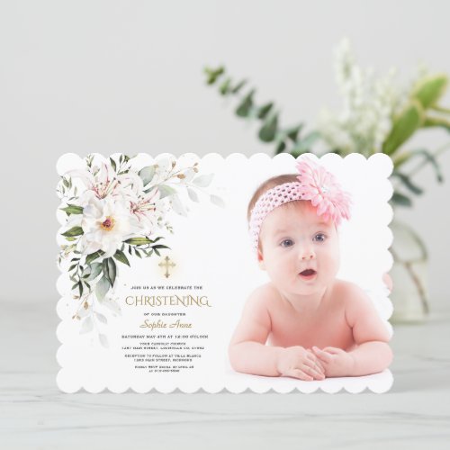White Imperial Lily Rose Photo Girl Christening Invitation
