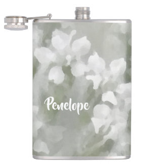 White Impressionist Botanical Art with Name Flask
