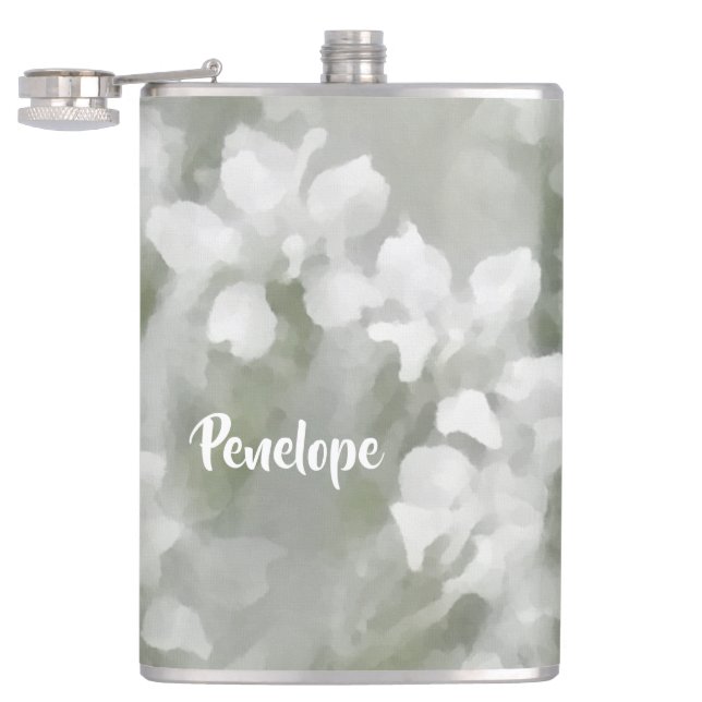 White Impressionist Botanical Art with Name Flask (Opened)